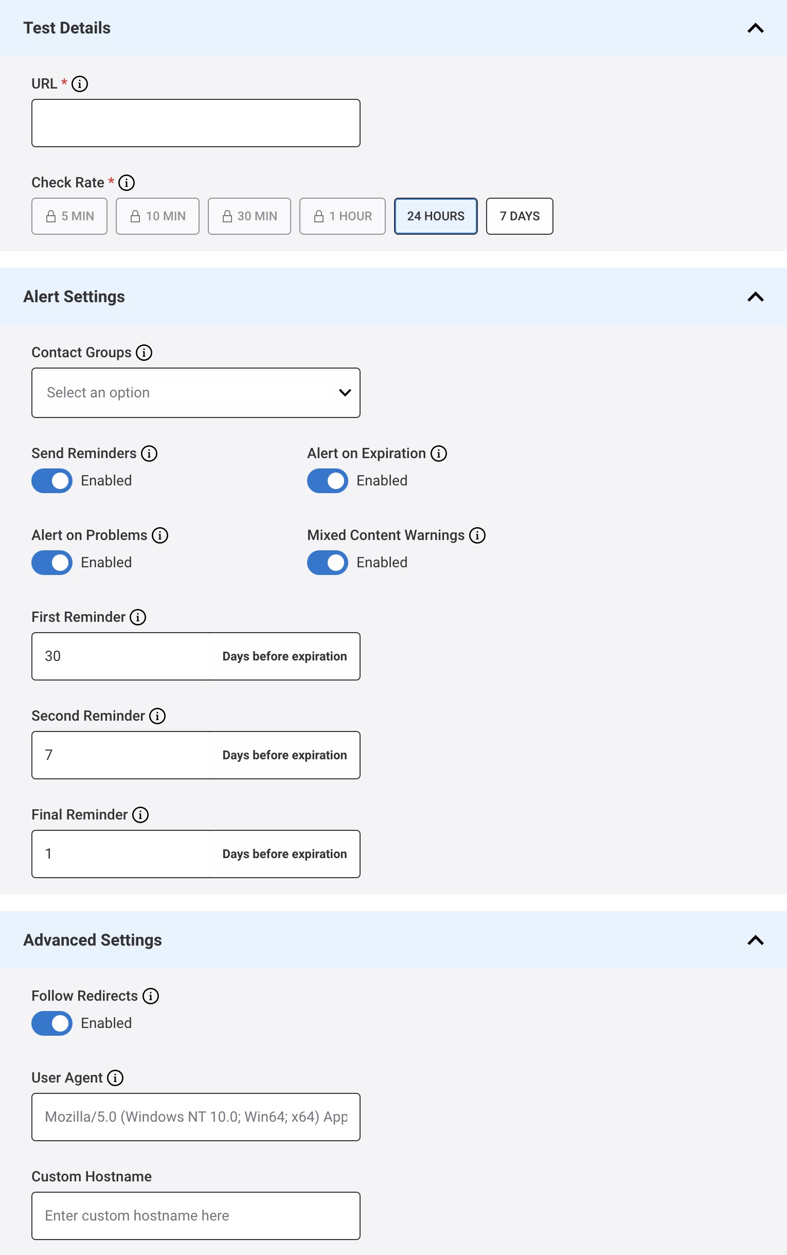 Test SSL Monitoring - Settings