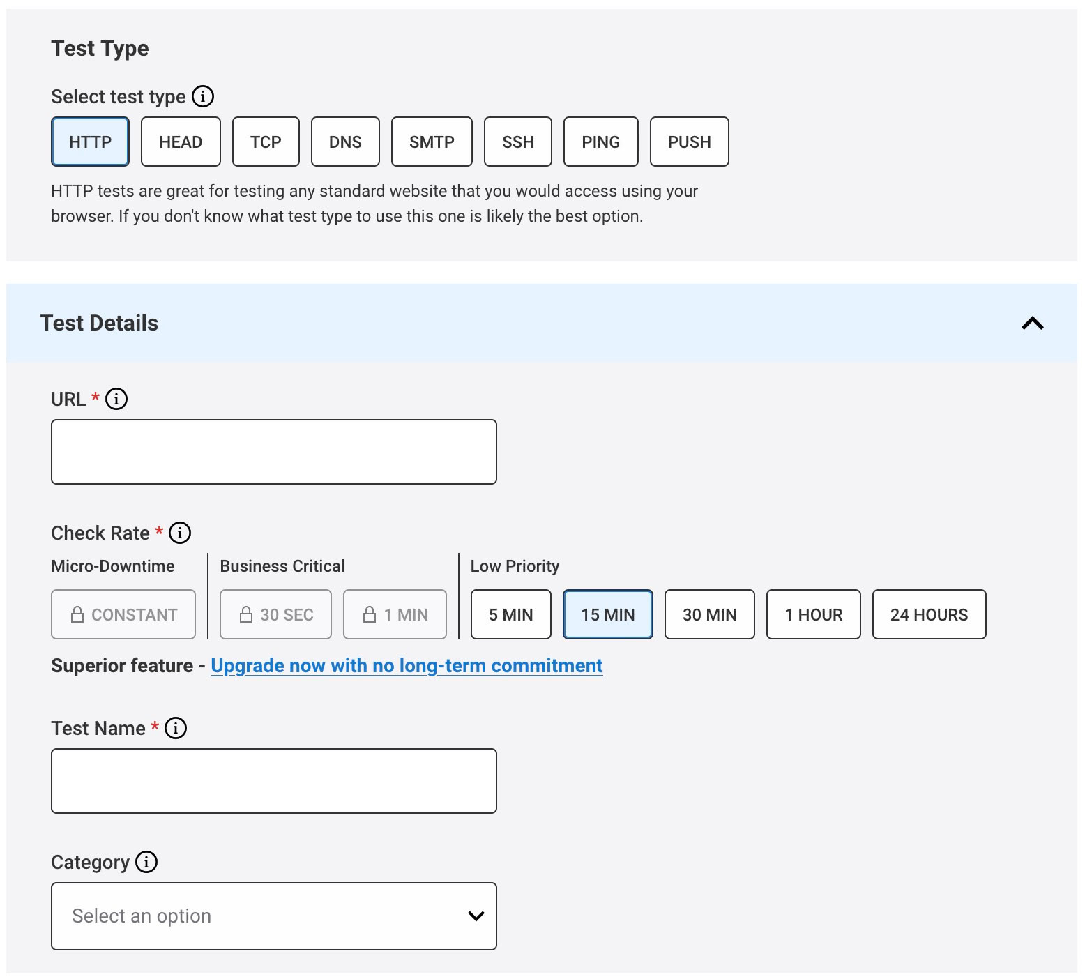 Test Uptime - tipo di test e check rate
