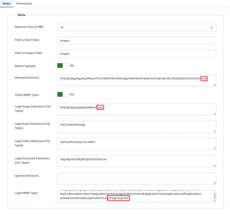 le opzioni della cartella Media