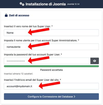 installazione di Joomla!® 5 dati di accesso