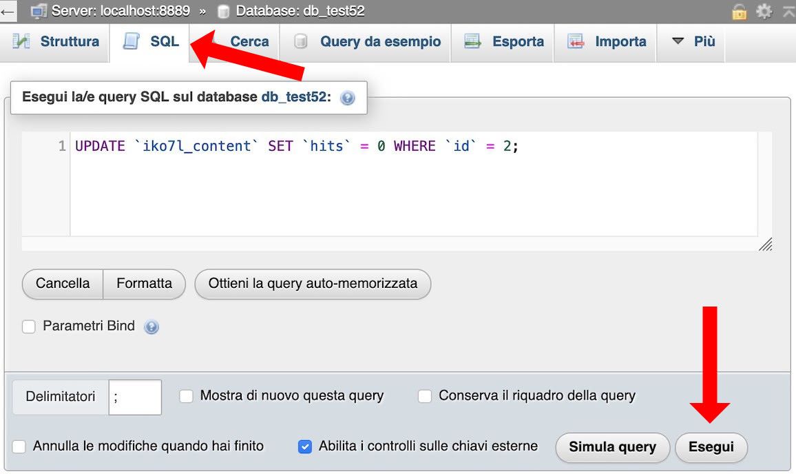 query SQL per azzerare il conteggio visite di un articolo