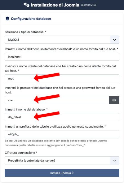 installazione di Joomla!® 5 configurazione database