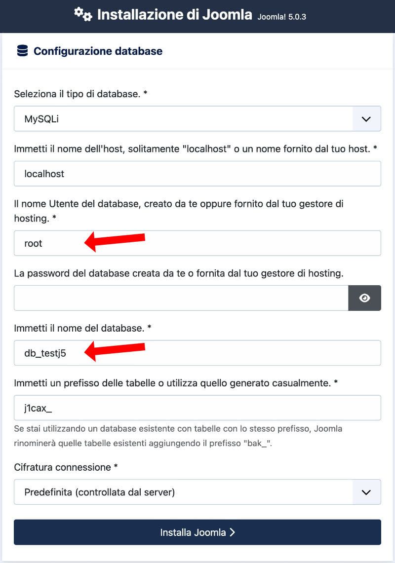 installazione di Joomla!® 5 configurazione database